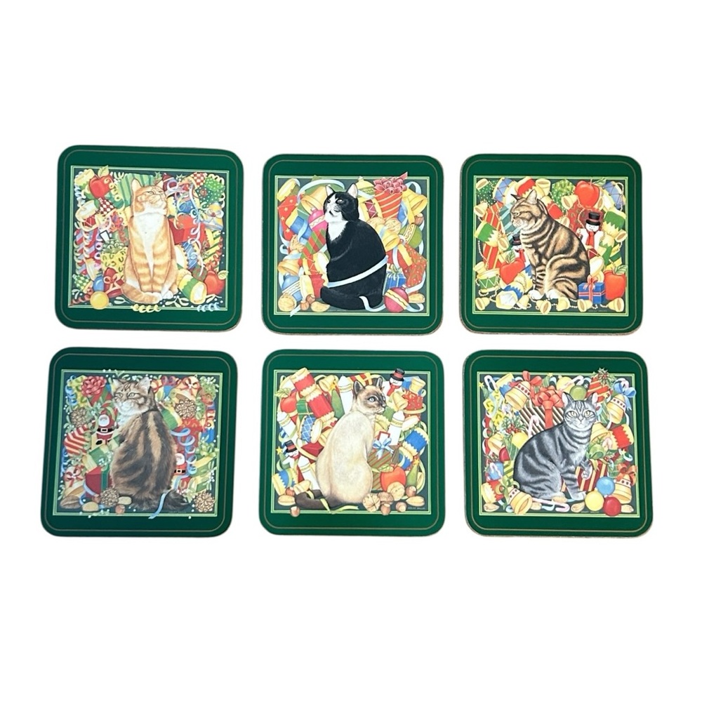 VTG Pimpernel Christmas Cat Coaster Collection Set of 6 Cork Back Colorful 4.25